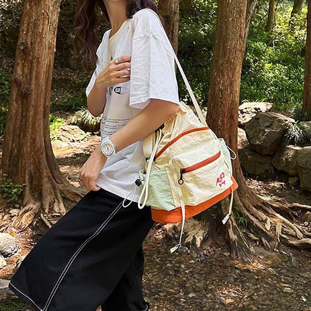 Portable Outdoor Nylon Shoulder Pouch Embroidery Drawstring Bucket Cloth Bag  Hiking