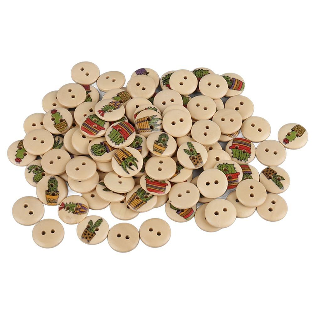100pcs Mixed Color Decorative Wooden Buttons 2 Holes Mixed Printing Buttons DIY Projects