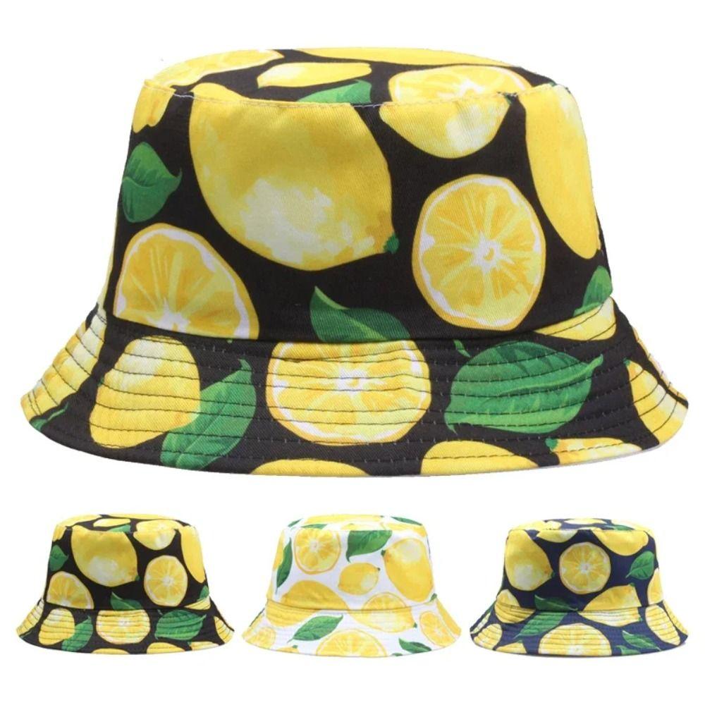 Sun Protection Bucket Hat Beach Leaf Lemon Printing Sunshade Cap Fisherman Hat  for Men Women