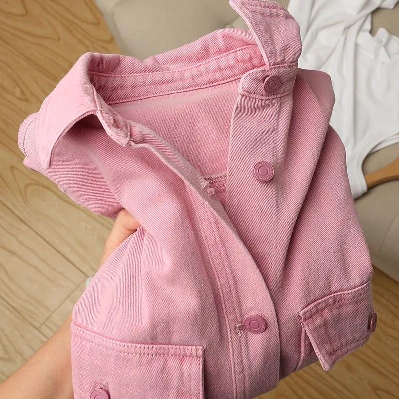 Women Spring Autumn Korean Style Single Breasted Pink Jeans Jacket Denim Coats Cowboy Jackets