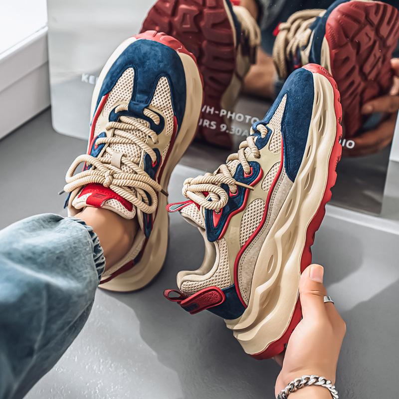 Men's Chunky Sole Sneakers Breathable Mesh Lace-Up Non-Slip Casual Platform Shoes