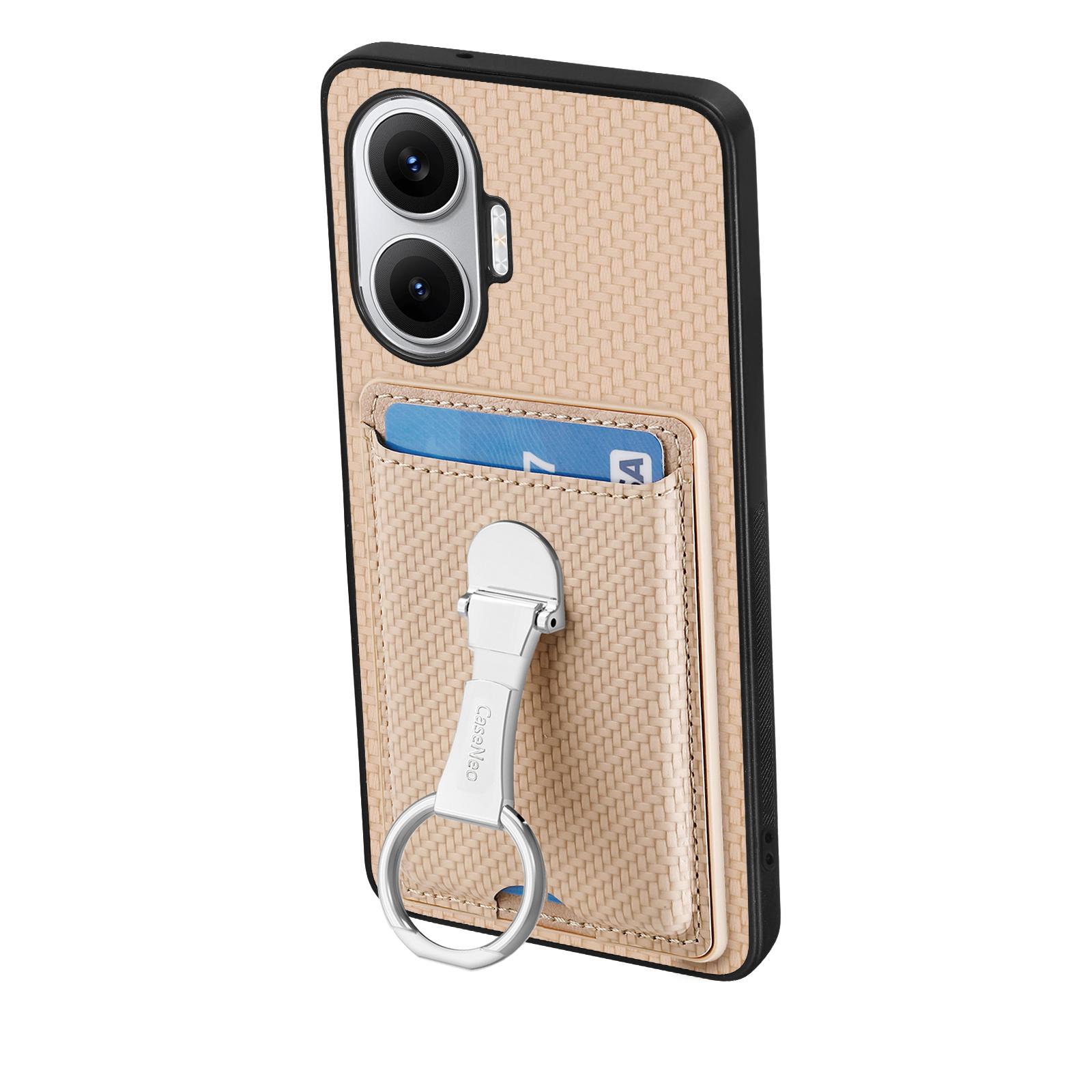 

For Xiaomi Redmi Turbo 4 Pro 5G Leather Phone Back Cover with Kickstand and Card Slots Carbon Fiber Texture Beige