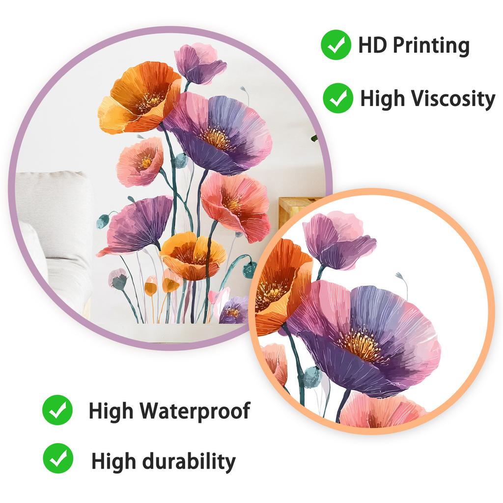 Creative Poppy Flower Wall Sticker for Bedroom Living Room Study Wall Decoration