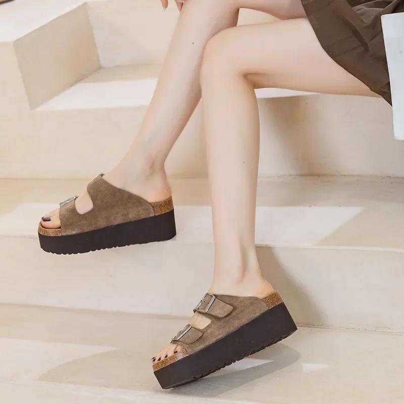 High Quality 7cm Cow Suede Patent Summer Women Sandals Ladies Slipper Platform Wedge Mujer Comfy Fashion Fashon Peep Toe Shoes