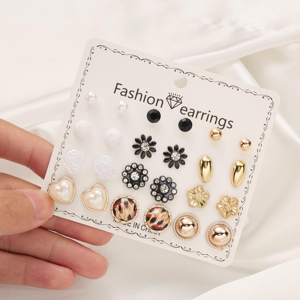 12 Pairs/Lot Heart Flower Earrings Set For Women Rhinestone Simulated Pearl Sun Star Stud Earrings Girls Party Jewelry Wholesale