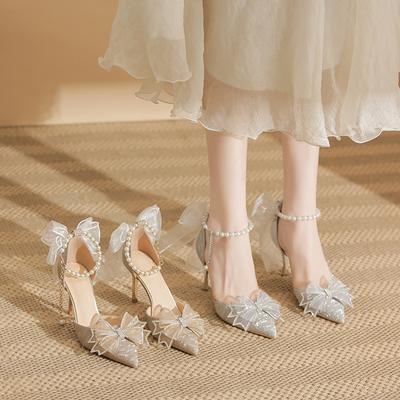 High Heels New Models Pointed Sequins Bow Hollow Shoes Adult Wedding Shoes Bridal Shoes Pointed Single Shoes