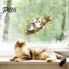 Electrostatic Window Decal Cartoon Cat on The Tree Branch Cling, Cute Watercolor Clear Hair Texture Sticker Butterflies Plants for Kids Room Bathroom