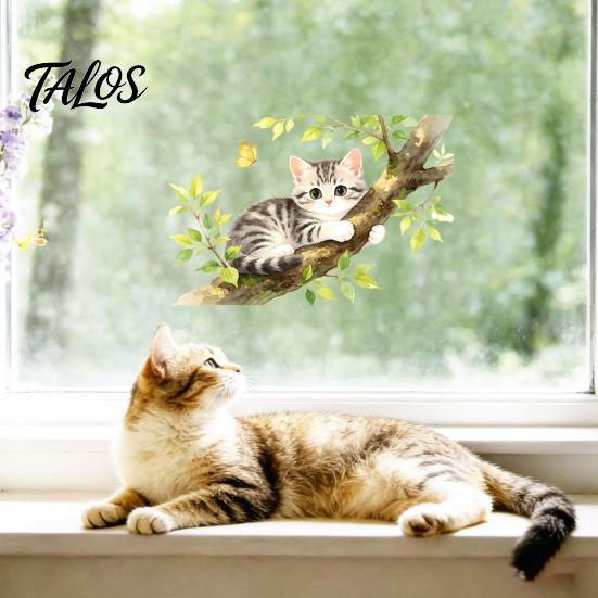 Electrostatic Window Decal Cartoon Cat on The Tree Branch Cling, Cute Watercolor Clear Hair Texture Sticker Butterflies Plants for Kids Room Bathroom