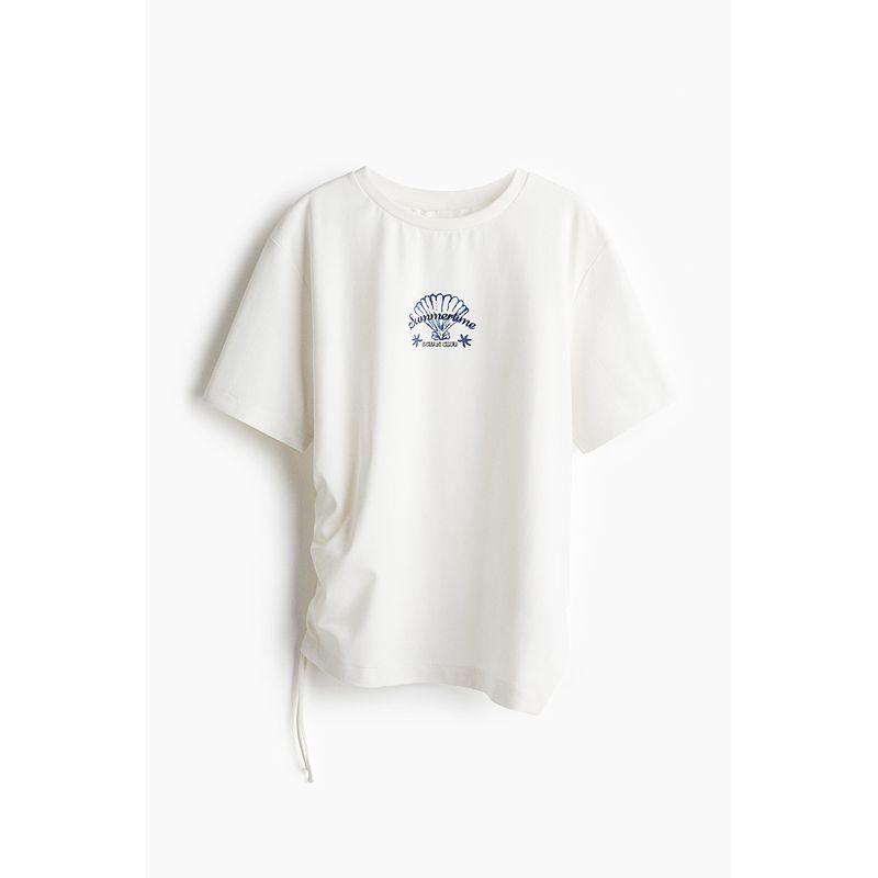 

HM Women s t-shirt 2025 Summer New Fashion Print Draped Drawstring Decorative round Neck Short sleeve Top 1294213