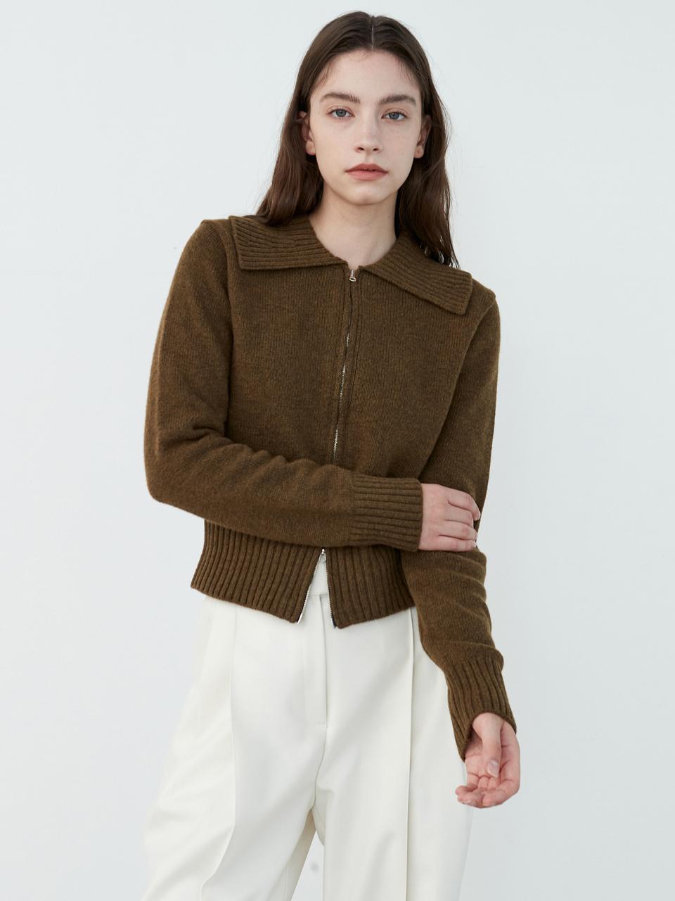 Eight Days A Week Merino Wool Collared Zip-Up Knit Cocoa Ad015 Free