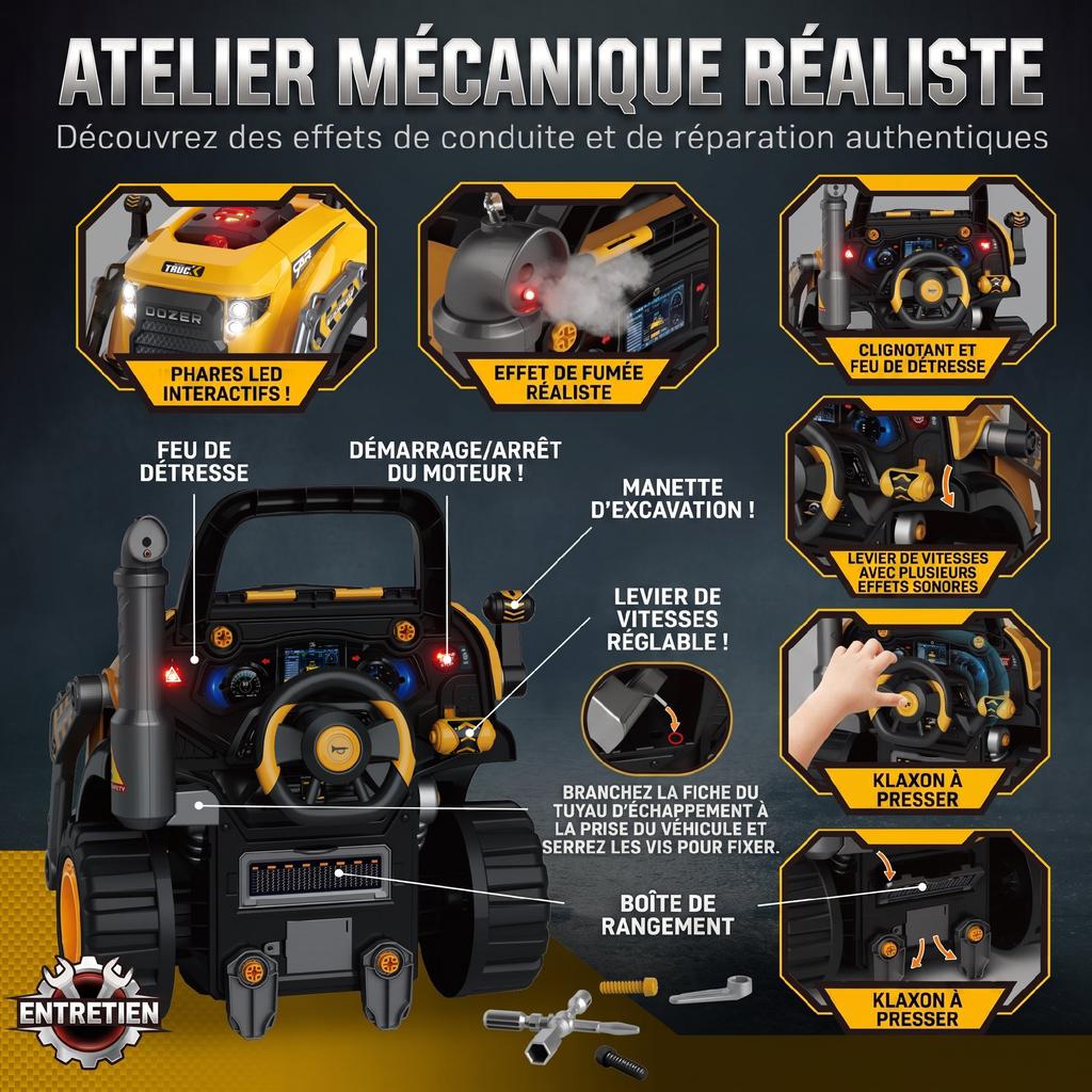Toy Truck Engine and Excavator, Steering Wheel, Fog Effect, Sound and Light, Ages 3-6, Yellow