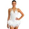 Body da ginnastica femminile con strass, piume soffici, orlo irregolare, senza maniche, con bottoni all'inguine