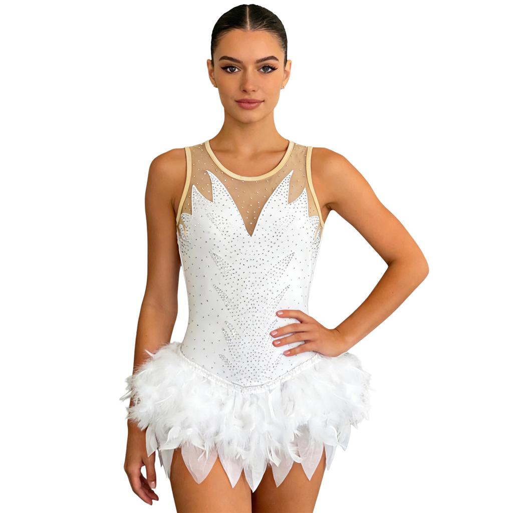 Body da ginnastica femminile con strass, piume soffici, orlo irregolare, senza maniche, con bottoni all'inguine