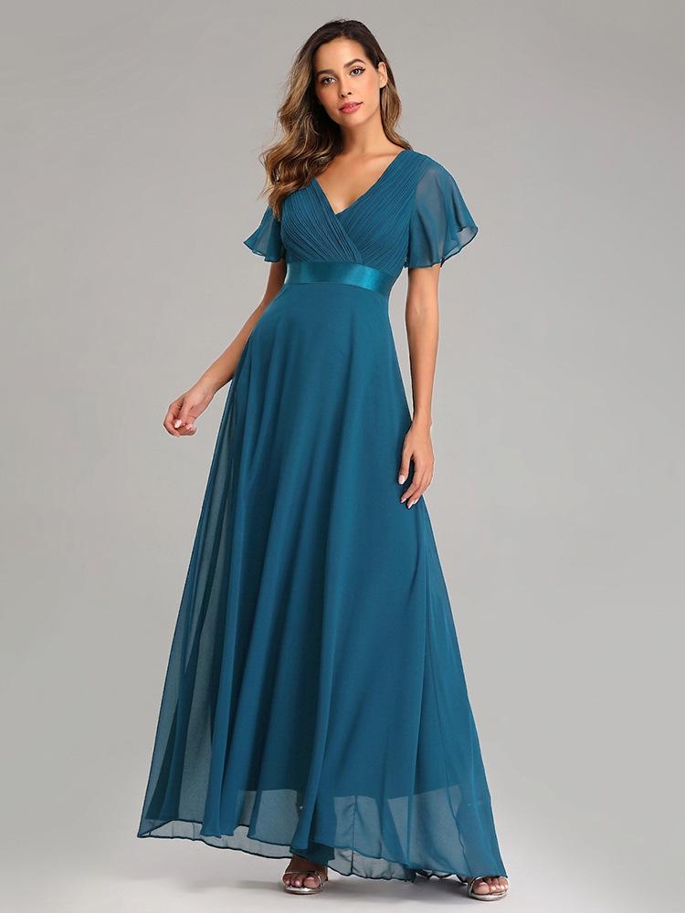 Übergröße Handgefertigt Plissiertes Doppeltes V-Ausschnitt Glockenärmel Chiffon Abendkleid für Frühling/Sommer
