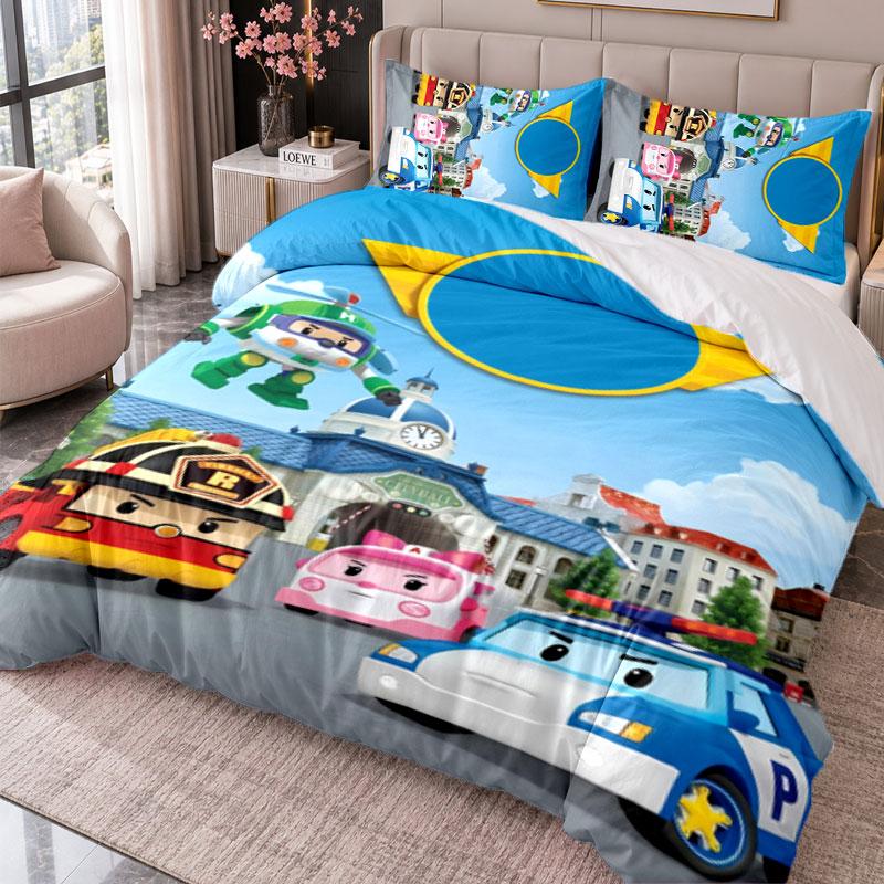 Robocar Poli 3Pcs Bedding Set Duvet Cover With Two Pillowcases For Bedroom Home Decoration