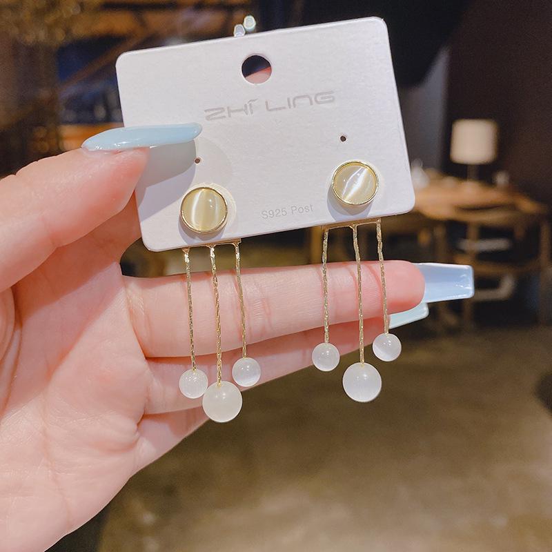 S925 Silver Needle Cat s Eye Stone Tassel Earrings for Women - 2024 New Two-Way Stud Earrings Gold 3B908