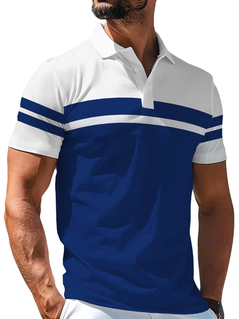 Men's Outdoor Polo Shirt, Available in Multiple Sizes, Featuring a White and Blue Color-blocked Horizontal Stripe Patchwork, with Double Stripe
