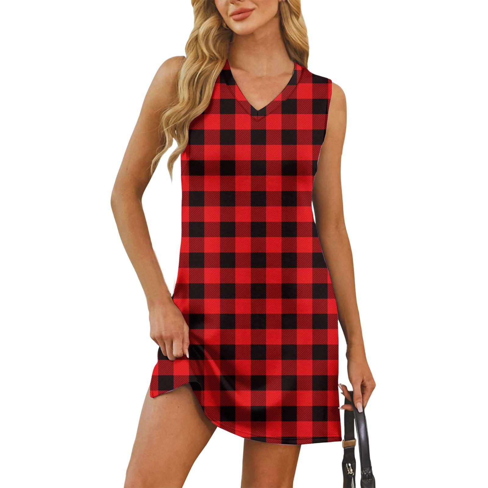 

Женский летний повседневный сарафан без рукавов с V-образным вырезом и принтом в клетку для пляжного отдыха M красный