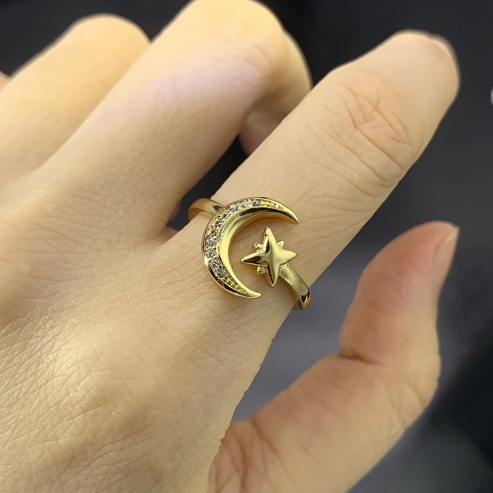 Star Moon Ring for Women Adjustable Micro Inlaid Zircon Gold Open Finger Accessories Female Jewelry Gift R605