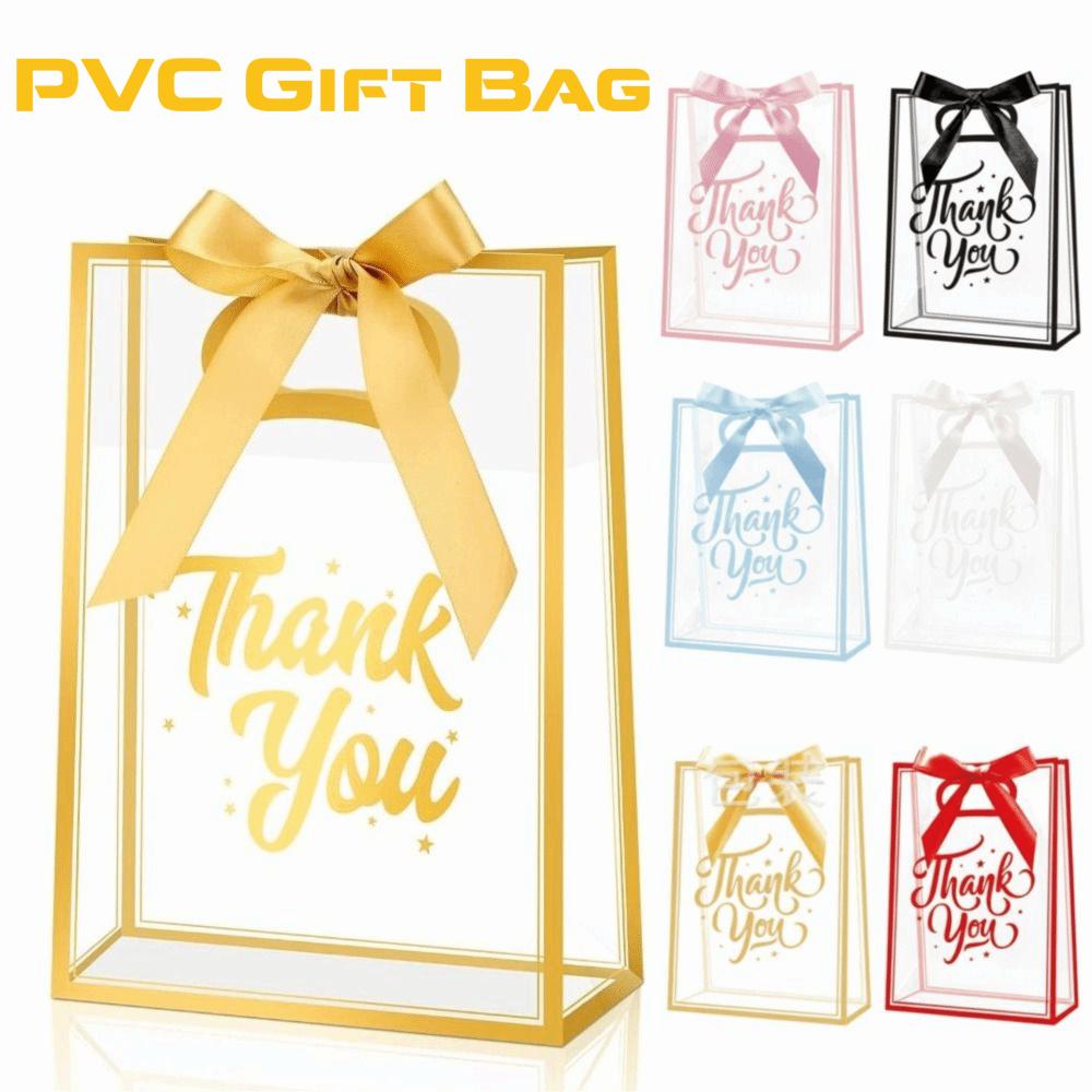 5Pcs Set Reusable Portable Favor Bag PVC Clear Gift Bag Die Cut Handles with Ribbon Flower Bag