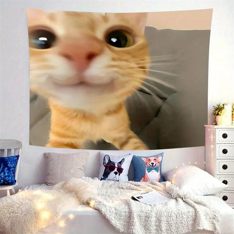 Funny Selfie Cat Meme Tapestry Cute Orange Kitty Wall Hanging Aesthetic Decor for Bedroom Dorm Living Room
