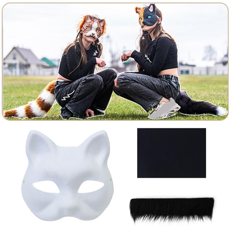 Unpainted Foxes Mask Masquerade Mask Anime Cosplay Mask Hand-Painted Cats Mask with Furs Half Face Mask for Halloween