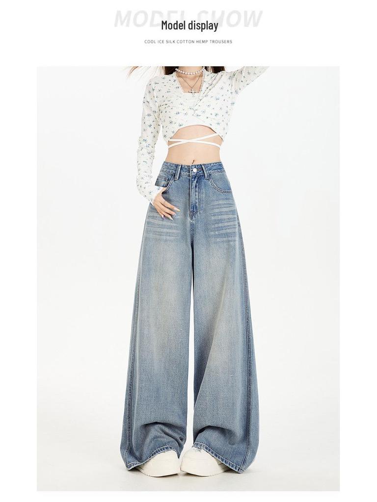 Autumn Women's Wide-Leg Jeans - Wrinkled Cat Whisker Design with Draped Look