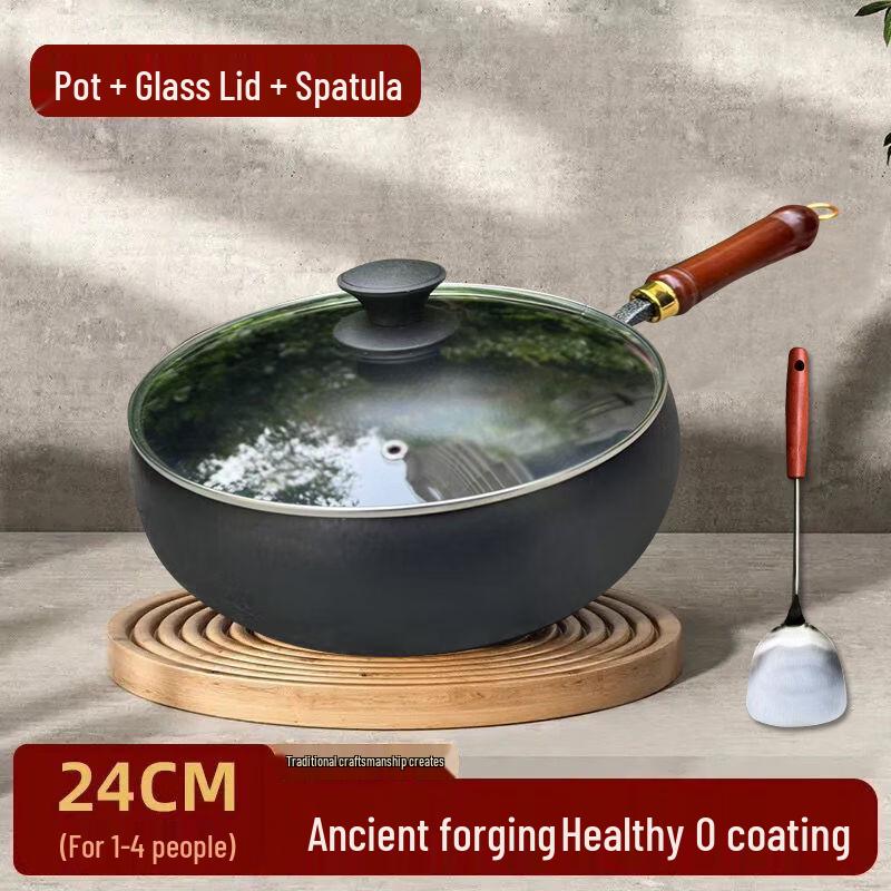 Traditional Wrought Iron Non-Stick Wok with Lid & Spatula