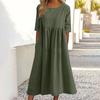 O-Neck Half Sleeve High Waist Pockets Casual Dress Women Pleated Flowy Hem Solid Midi Dress