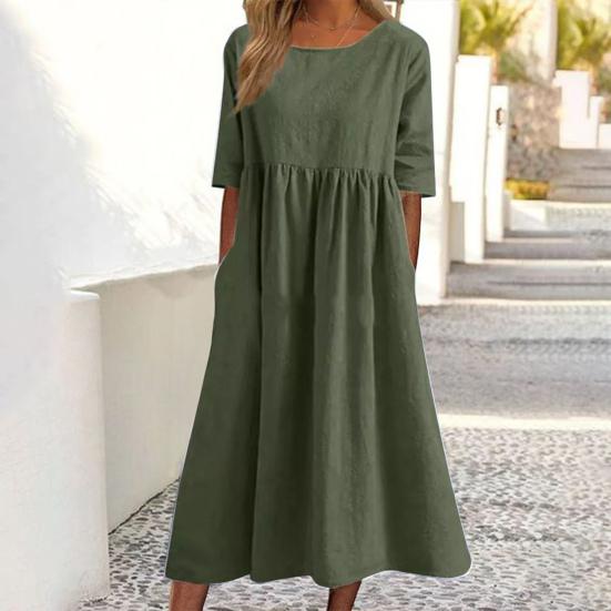 O-Neck Half Sleeve High Waist Pockets Casual Dress Women Pleated Flowy Hem Solid Midi Dress