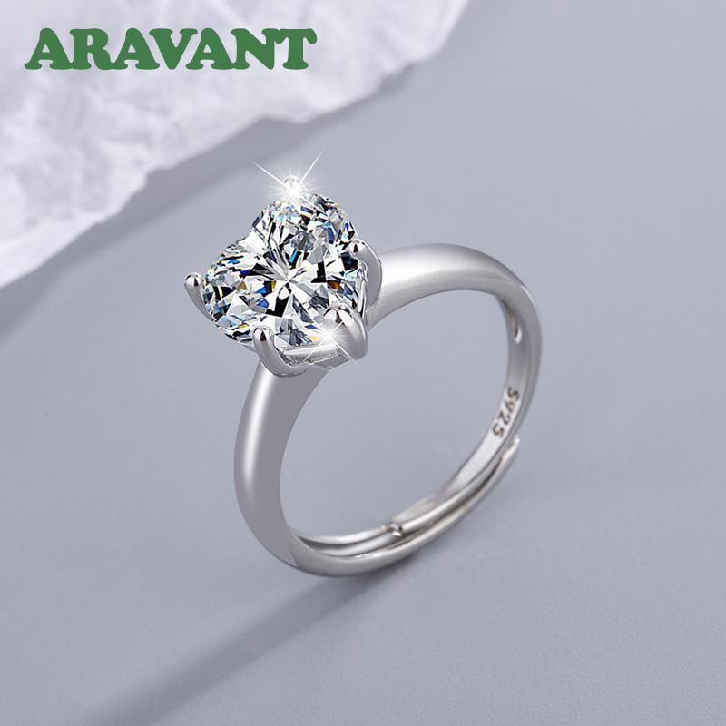 Aravant 925 Silver Heart Zircon Open Adjustable Ring for Women Fashion Jewelry