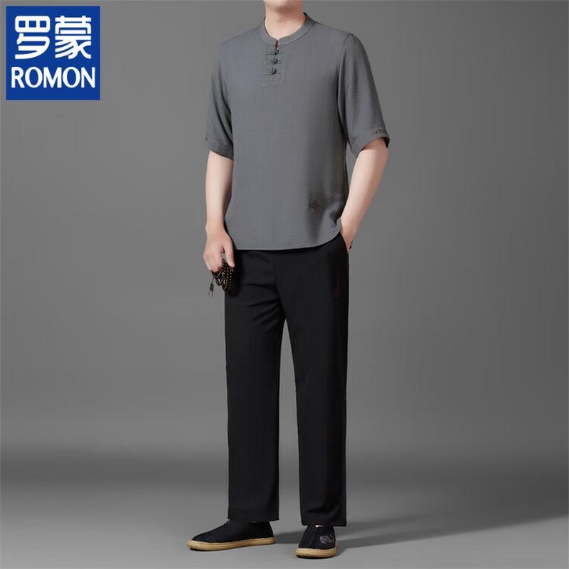 ROMON Men s Chinese Style Linen Blend Casual Two-Piece Set 190