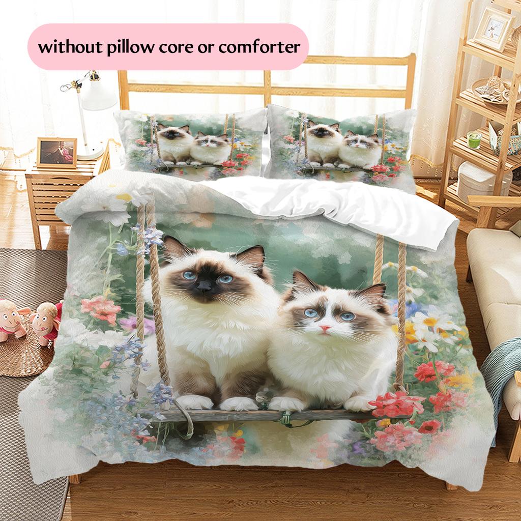 Ragdoll Cat and Fresh Flowers Pattern Bedding Home Decoration Birthday Gift (1 * Duvet Cover + 2 * Pillowcase, Without Core)