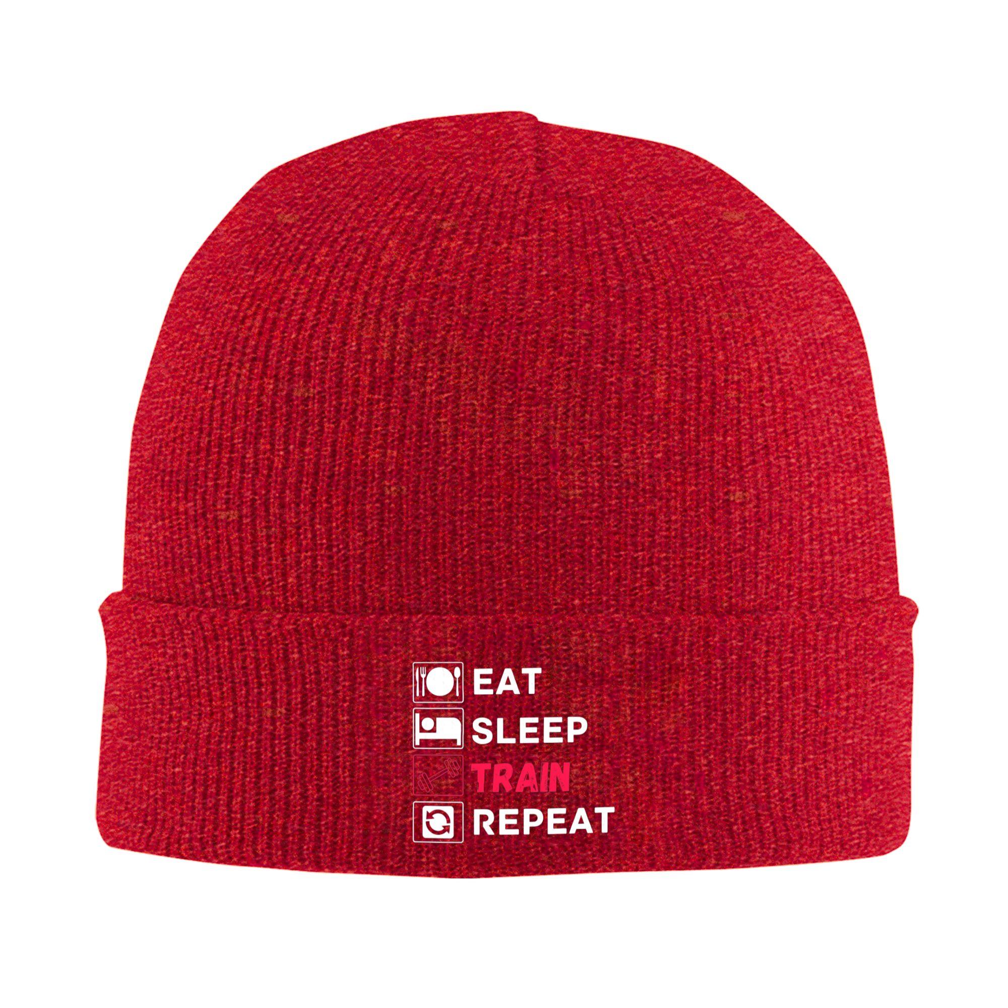 

Eat Sleep Train Repeat Gym Motivational Quote Winter Skullies Beanies Hat Warm Autumn Knitted Hats Bonnet Caps for Women Men One Size
