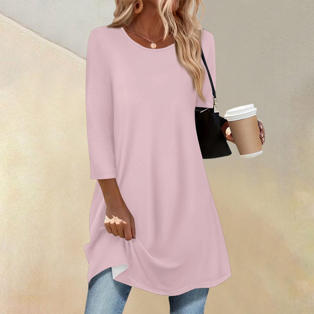 Women's Fashion Casual Three-quarter Sleeve Long Solid Color Round Neck Top