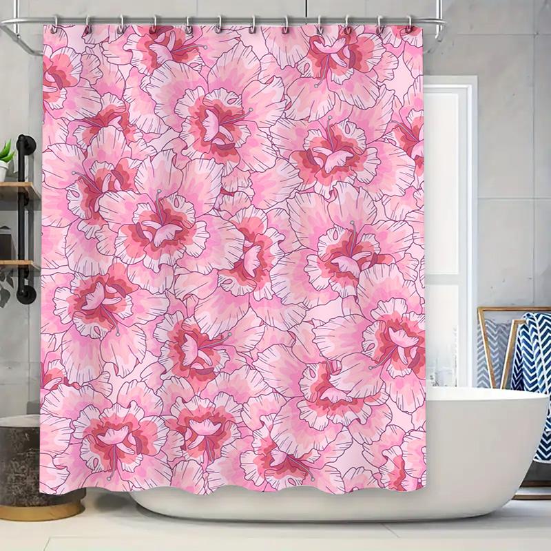 

Pink Floral Shower Curtain Bathroom Decor For Girls, Flowers Printed Waterproof Fabric Bath Mat Set With Rod Pocket Size72 X 84 W60H190(CM)-1 Pcs