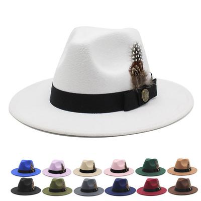 Vit Ullig Gentleman Klassisk Brittisk Jazz Fjäder Hög Hatt Bred Brätte Fest Kyrka Bröllop Fedora Hattar Män Kvinnor Panama Filtmössa