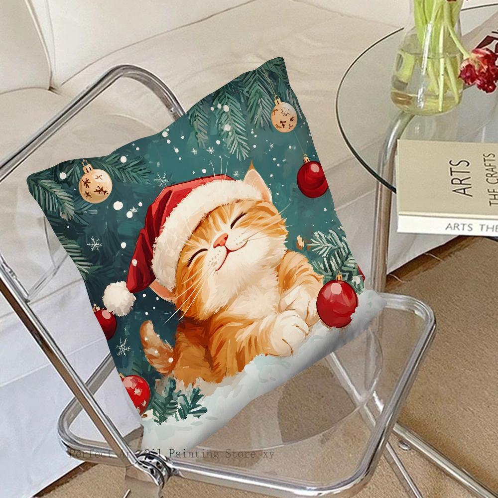Weihnachts Katze Kissenbezug Mode Quadratischer Kissenbezug Schlafzimmer Sofa Zimmer Innendekoration Freizeit Kissenbezug 40x40