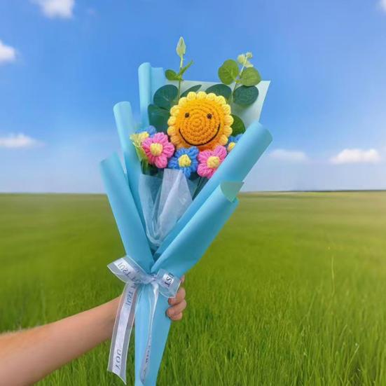 Crochet Flower Bouquet Handmade Knitted Positive Sunflower Artificial Yarn Flower Bouquet Gift for Mother's Day Valentine's Day Anniversary