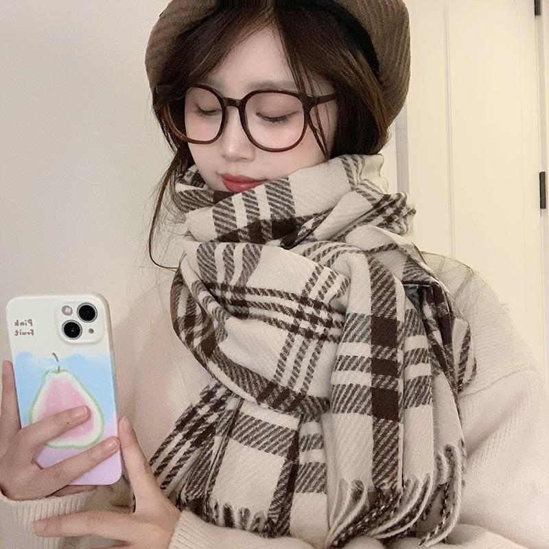 Korean Atmosphere Scarf Women's Winter Imitation Cashmere Plaid Warm Scarf Thickened Student New