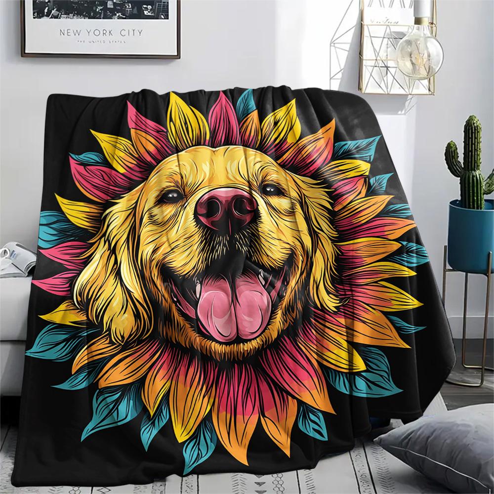 Sunflower Dog Print Flannel Blanket, High quality Comfortable for All Seasons, Home Decor, Warmth and Comfort, Perfect for Christmas Gifts