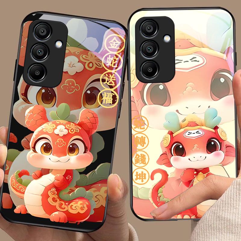 New Cartoon Snake For Samsung Galaxy A15 5G 54 4G 51 50 24 35 90 71 12 51 53 52S 80 22 34 Black Tempered Glass Phone Case