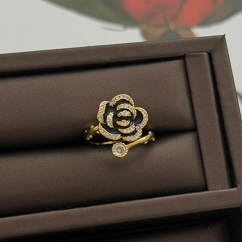 Light Luxury French Retro Court Three-Dimensional Camellia Enamel Red And Black Zir*****Pen Ring Elegant Small Fragrant Ring