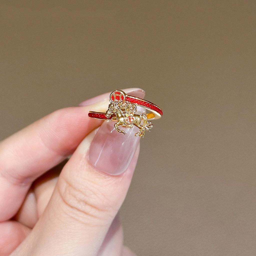 High-End Exquisite 2026 Year of the Horse Zodiac Red String Ring for Girls - Chinese Style Adjustable Finger Ring