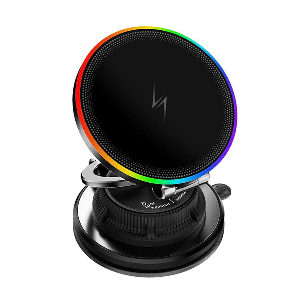 Magnetic Wireless Phone Holder, 15W Fast Charging with Suction Cup and Ambient Light, Multi Angle Adjustable Mount for