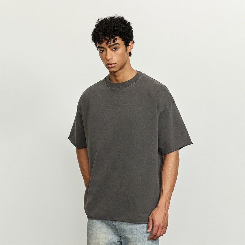 Black of Exit High Street Heavy-Duty Washed Distressed Raw Edge Short-Sleeve Cleanfit Loose Fit T-Shirt Pure Cotton