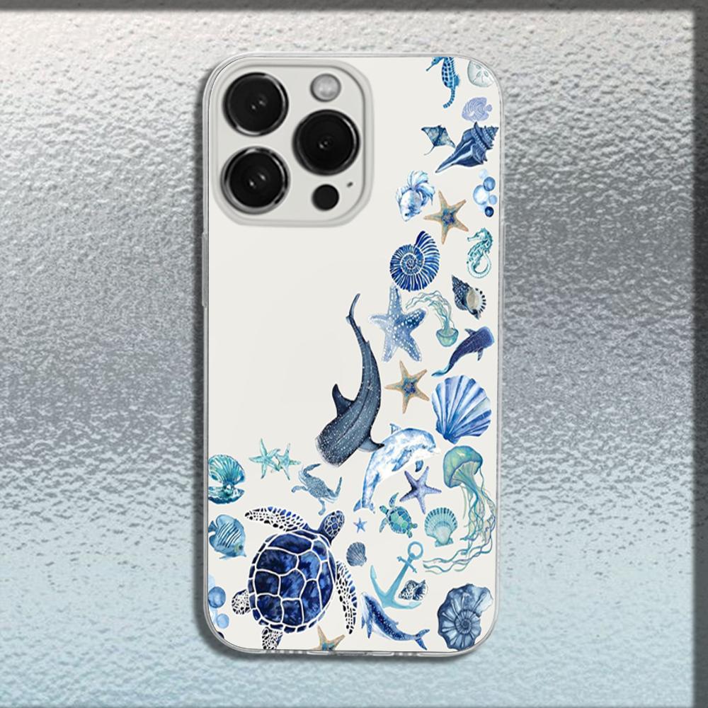 Marine Life Sea Turtle Art Phone Case For iPhone 16,15,14,13,12,11 Plus,Pro,Max,XR,XS,X,Plus,SE,Mini Transparent Soft Cover