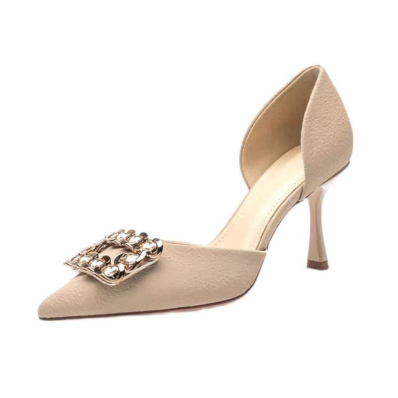 2022 new square buckle design pointed tip thin heel French small fragrant celebrity nude cut men's high heel single shoes niche