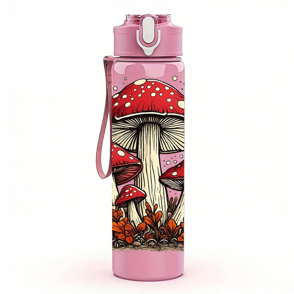 1PC Forest Red Mushroom Plant Art Print 750ml Color Plastic Sports Water Bottle Leakproof Flip Straw Lid Suitable for Sports Office Home Use