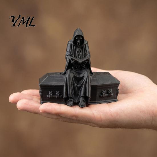 Gothic Home Decor 3D Printed Reading Skeleton Figurine, Hooded Reader Statue, Unique Halloween Gifts Spooky Desktop Ornament for Office Bookshelf